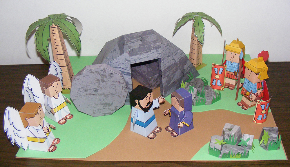 Papercraft imprimible y armable del conjunto diorama Historia de Pascua / The Easter Story. Manualidades a Raudales.